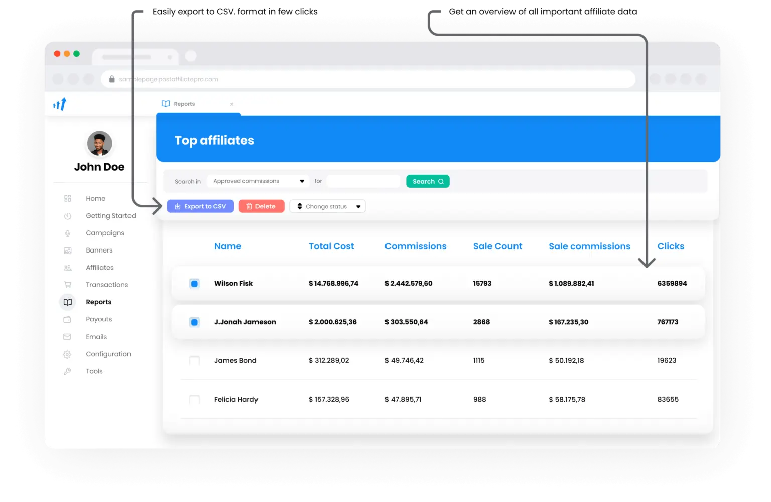 Affiliates & Klik rapporten in Post Affiliate Pro