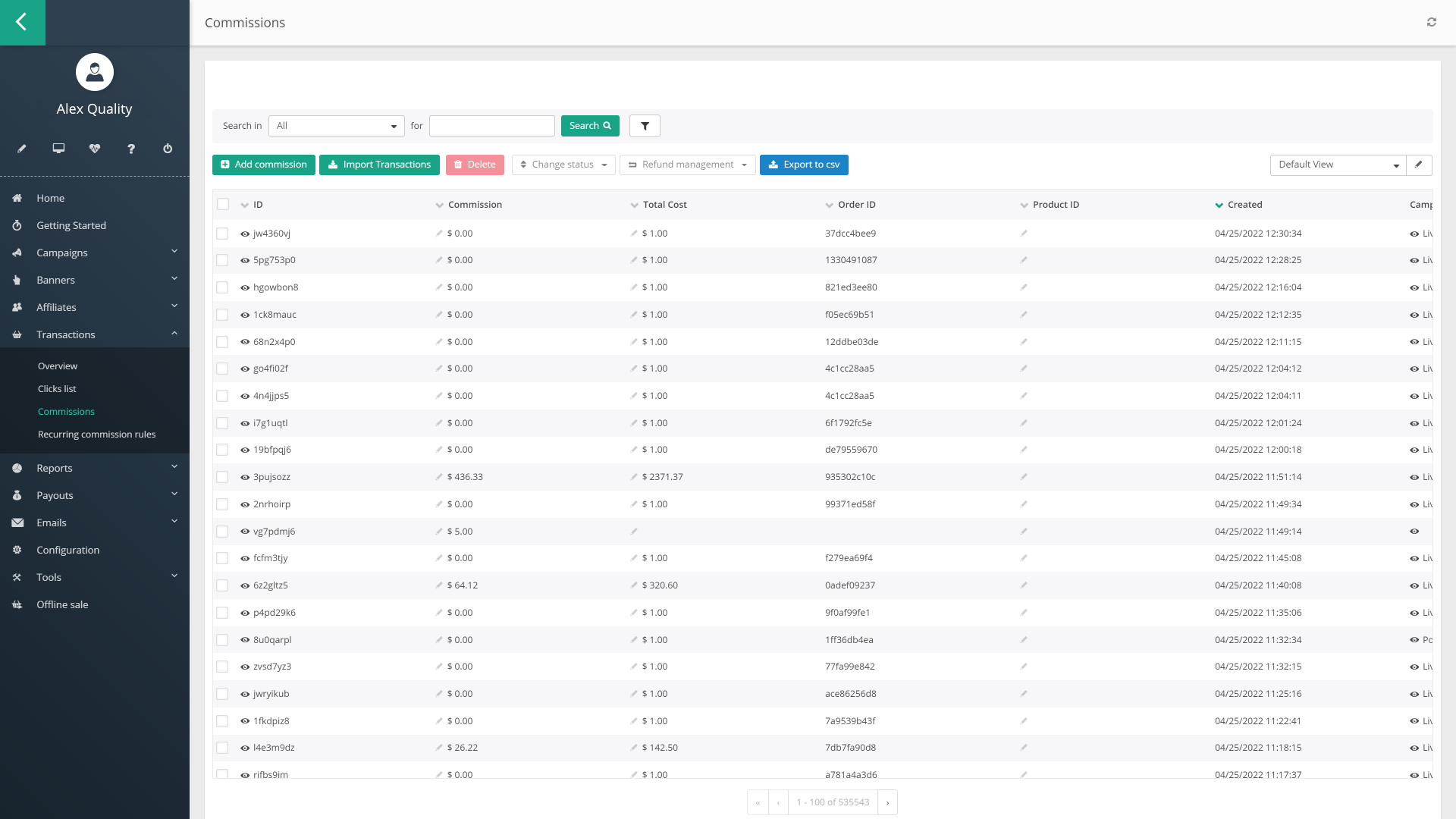 Commissie-overzicht in Post Affiliate Pro