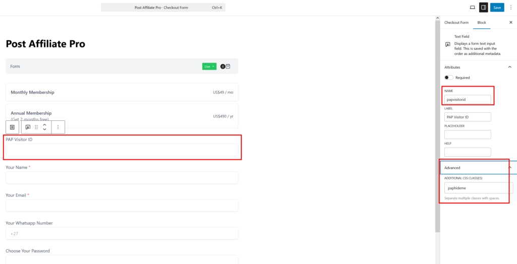 Het papvisitorid-veld toevoegen aan het afrekenformulier van SureCart