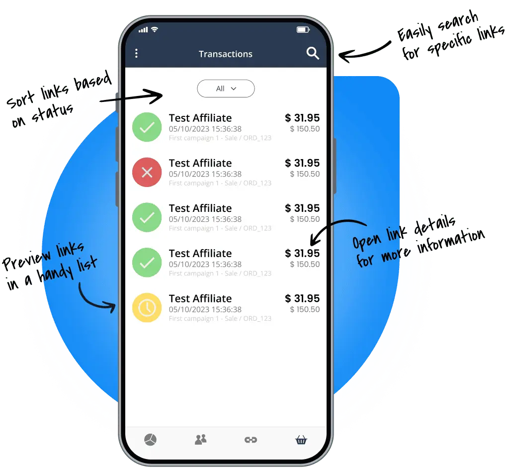 Overzicht van de transacties beheerfunctie in de Post Affiliate Pro mobiele app.