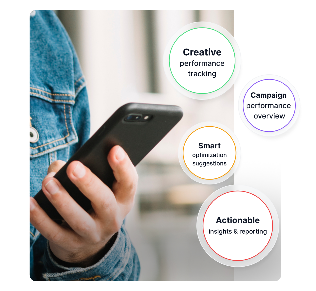 Smartphone met een AI-dashboard met affiliate creatieve prestaties van campagnes en banners