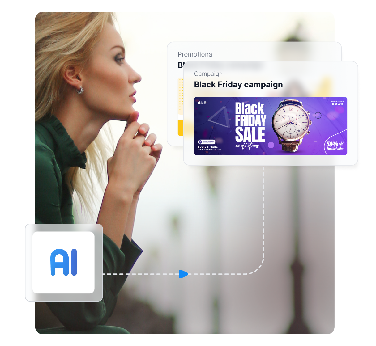 AI-dashboard op een smartphone met affiliate banners en prestatiegrafieken (CTR, conversies)