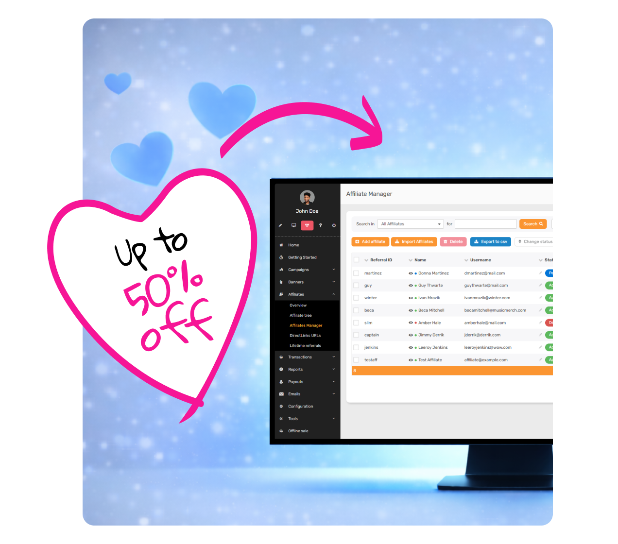 Valentijnsdag thema hero illustratie voor Post Affiliate Pro promotie