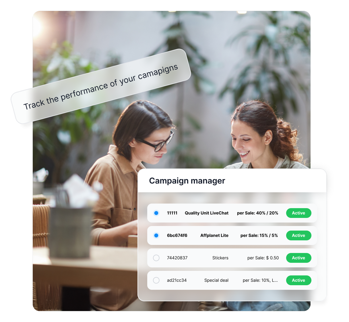 Campagnerapporten functie in Post Affiliate Pro toont prestatiestatistieken voor affiliates en promotiematerialen.