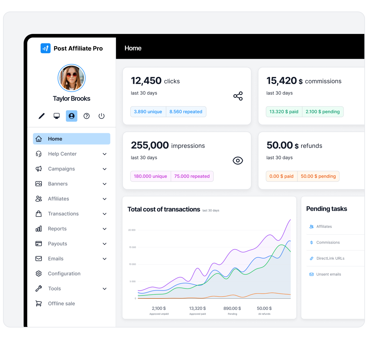 Affiliate management dashboard voor het beheren van commissies, partners en campagnes op één plek.