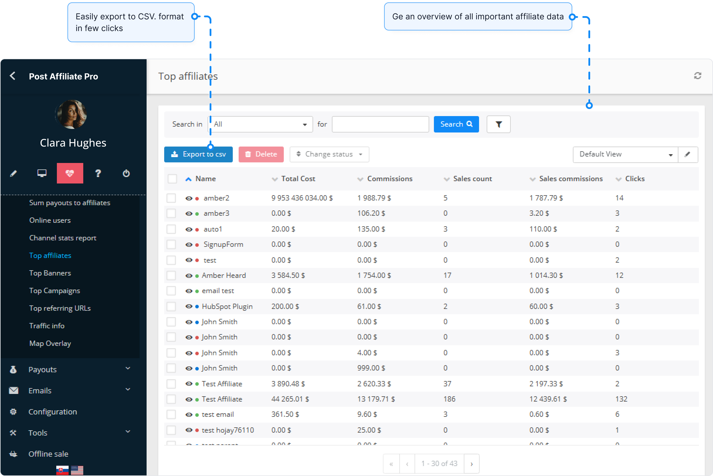 Overzicht van de rapportagefunctie in Post Affiliate Pro.