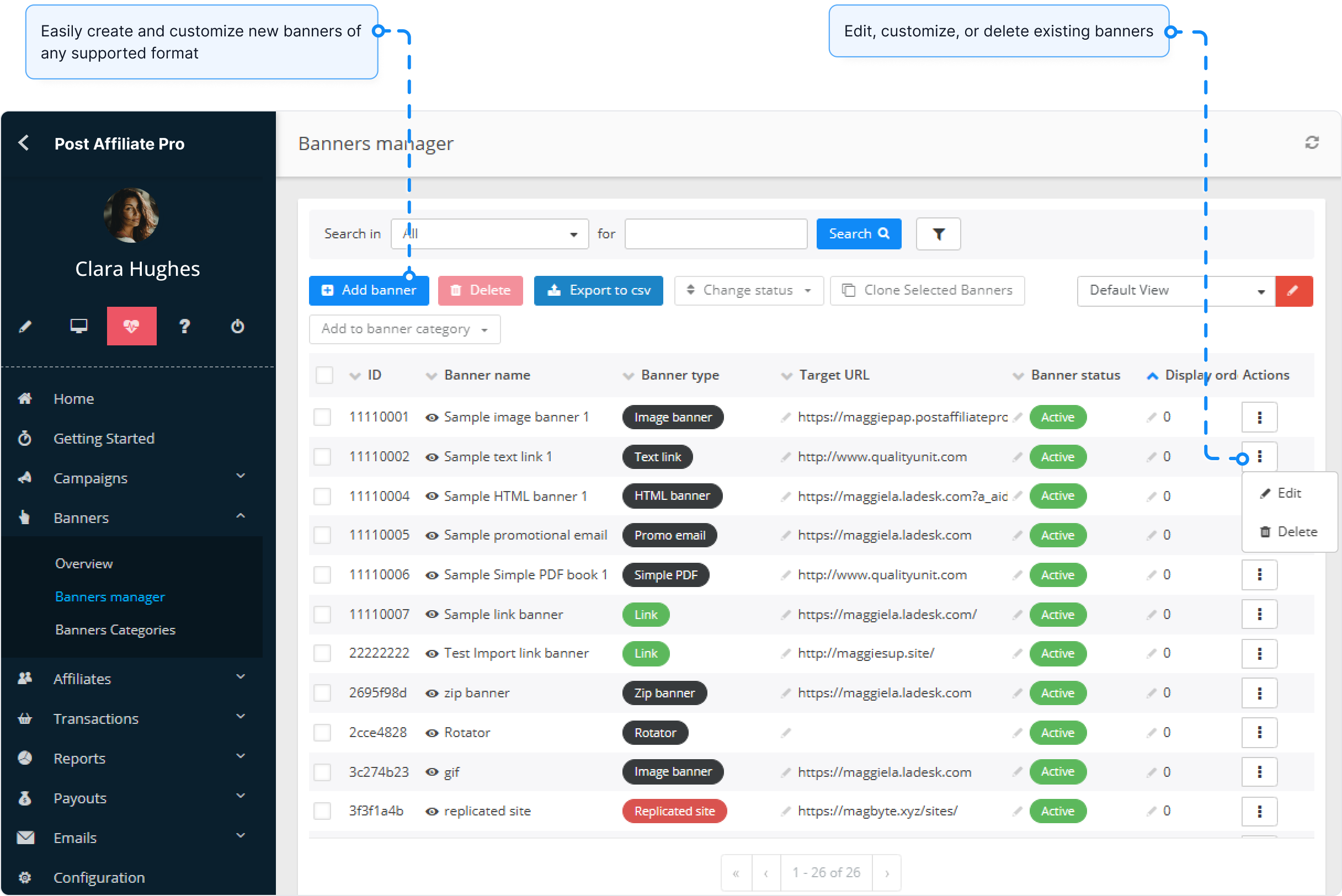 Overzicht van de Banner manager functie in Post Affiliate Pro.