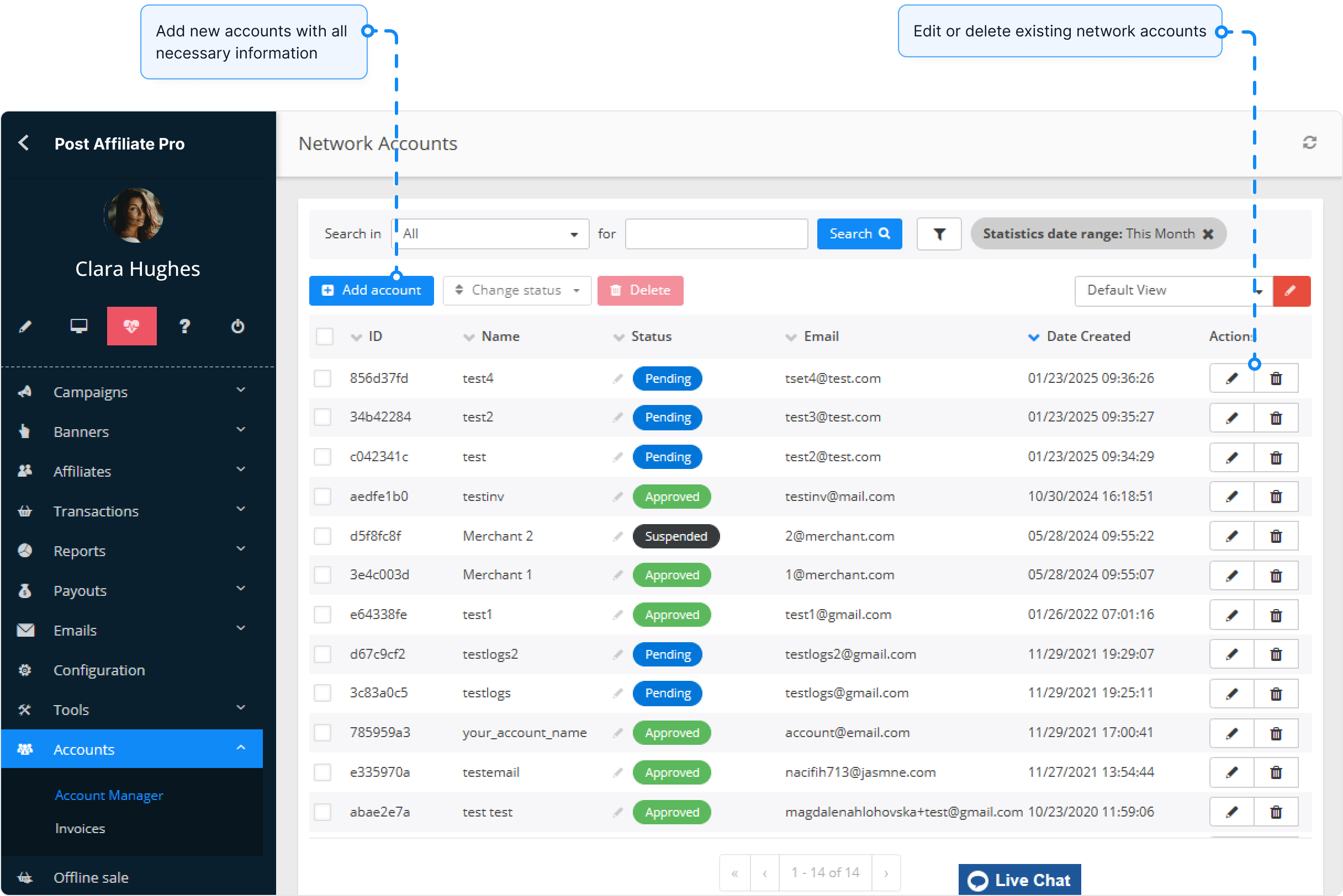 Overzicht van de netwerkaccounts functie in Post Affiliate Pro.