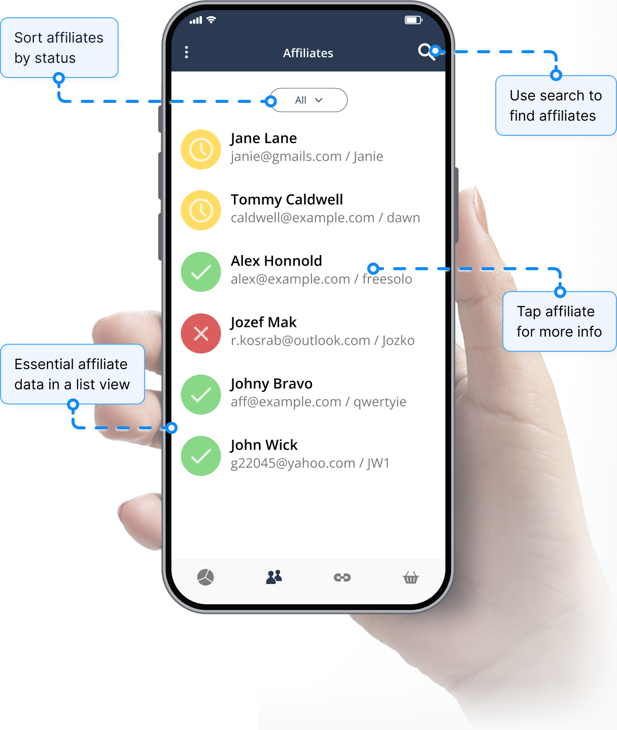 Overzicht van de affiliate beheerfunctie in de Post Affiliate Pro mobiele app.