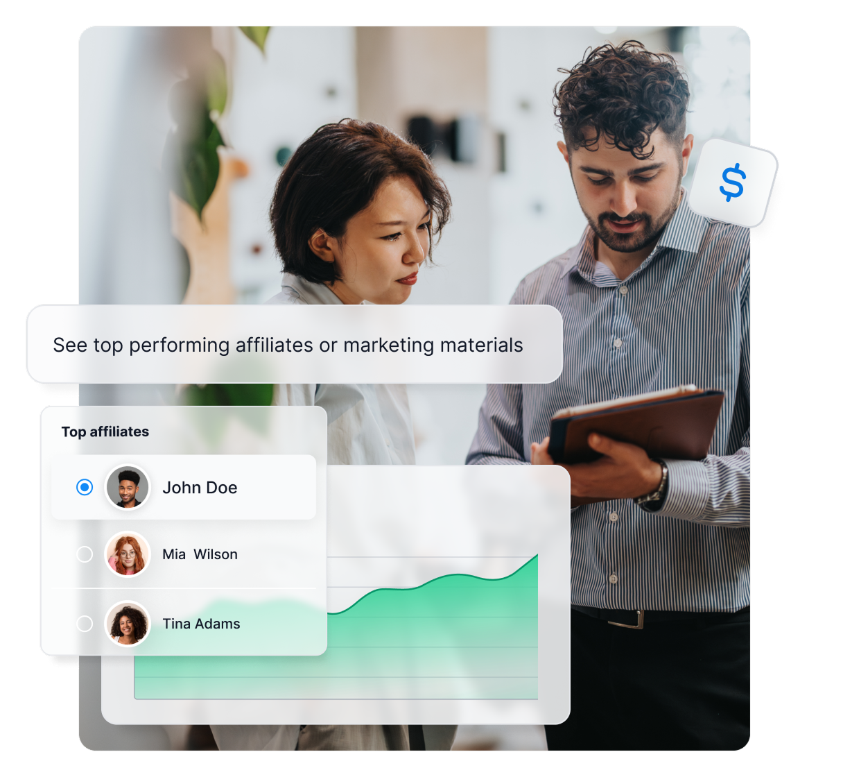 Affiliate rapporten functie in Post Affiliate Pro toont top affiliates, bannerprestaties en successtatistieken van campagnes.